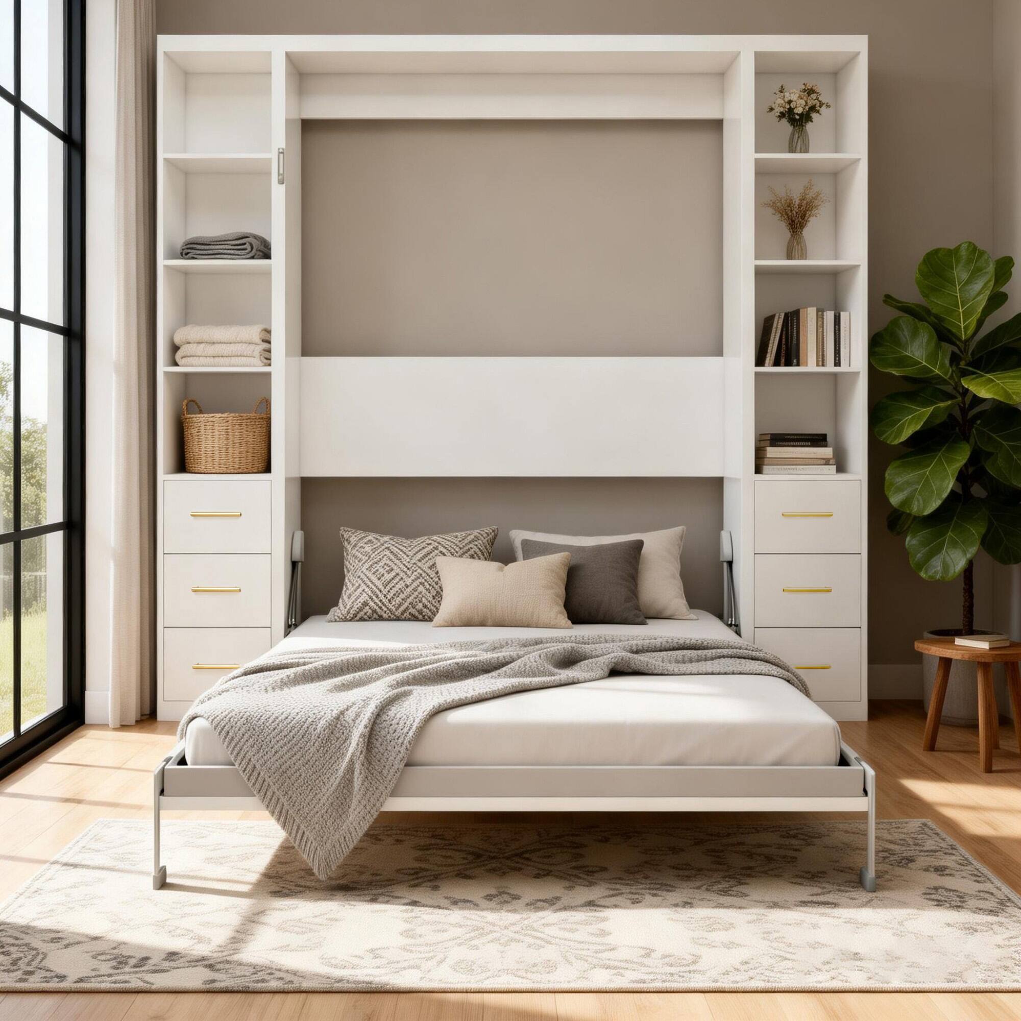 Angle. Anysun - Professional Queen Invisible Folding Bed with Side Storage - White Cabinet & Grey Frame for Home, School, Hotel - White.