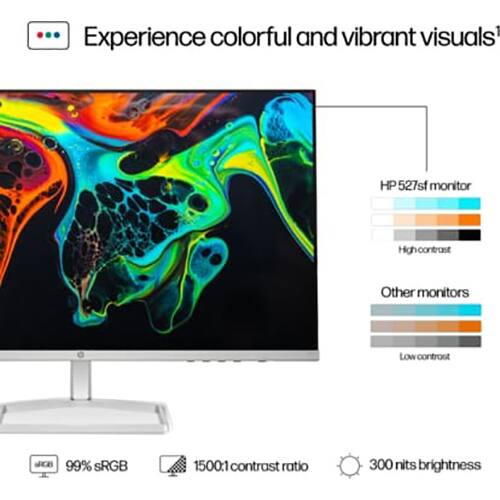 Experience colorful and vibrant visuals with the HP 527sf monitor. It features high contrast, 99% sRGB, a 1500:1 contrast ratio, and 300 nits brightness.