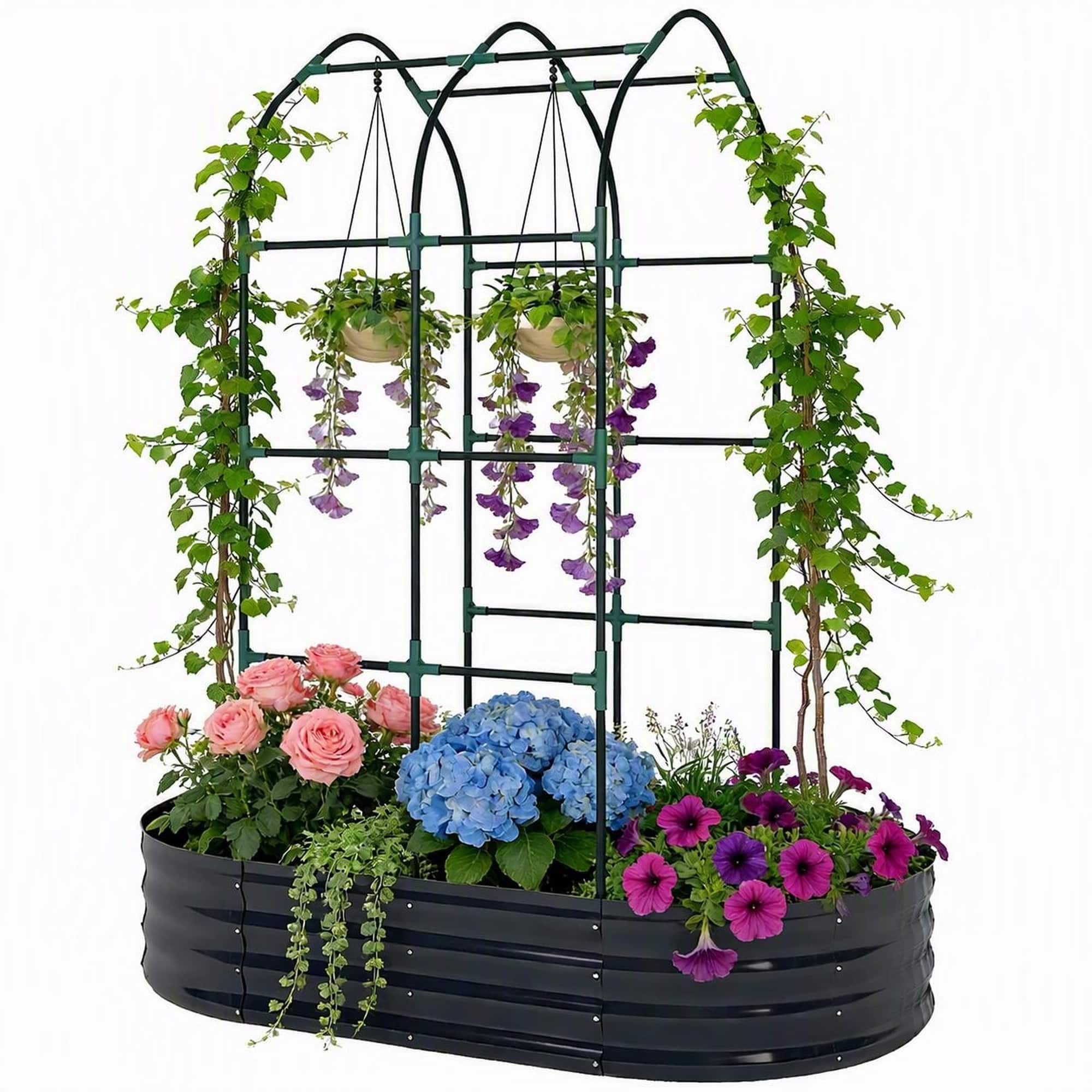 RYHNUYNE - Raised Garden Bed with Arch Trellis, 112 Gallon Galvanized Metal Planter Box, Modular Oval or Round - Dark Gray