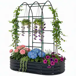 RYHNUYNE - Raised Garden Bed with Arch Trellis, 112 Gallon Galvanized Metal Planter Box, Modular Oval or Round - Dark Gray