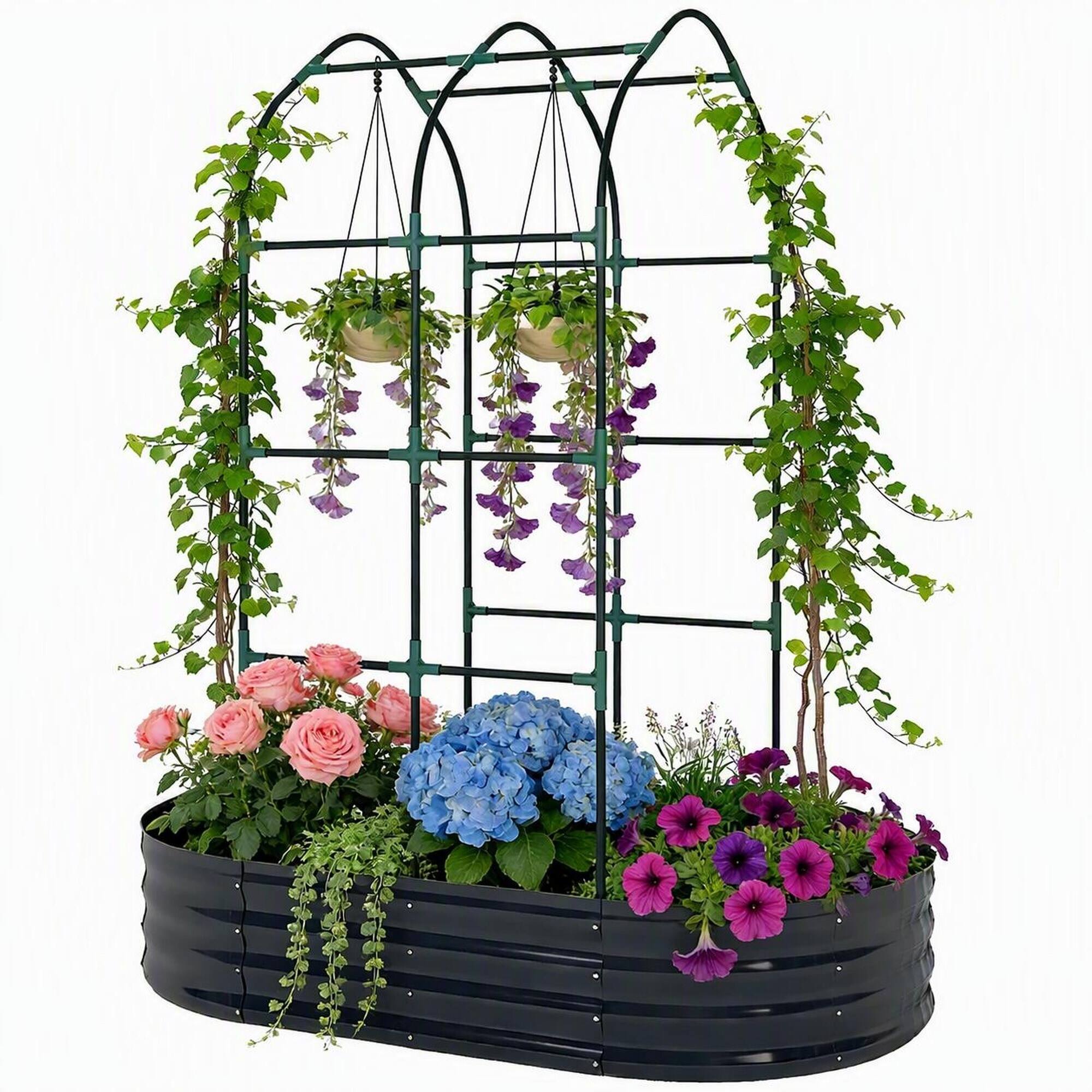 Front. RYHNUYNE - Raised Garden Bed with Arch Trellis, 112 Gallon Galvanized Metal Planter Box, Dark Gray Modular Oval or Round - Dark Gray.