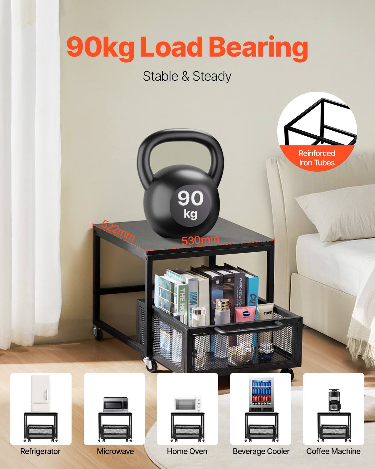 90kg Load Bearing Stable & Steady Reinforced Iron Tubes 522mm 90 kg 530mm
Refrigerator Microwave Home Oven Beverage Cooler Coffee Machine