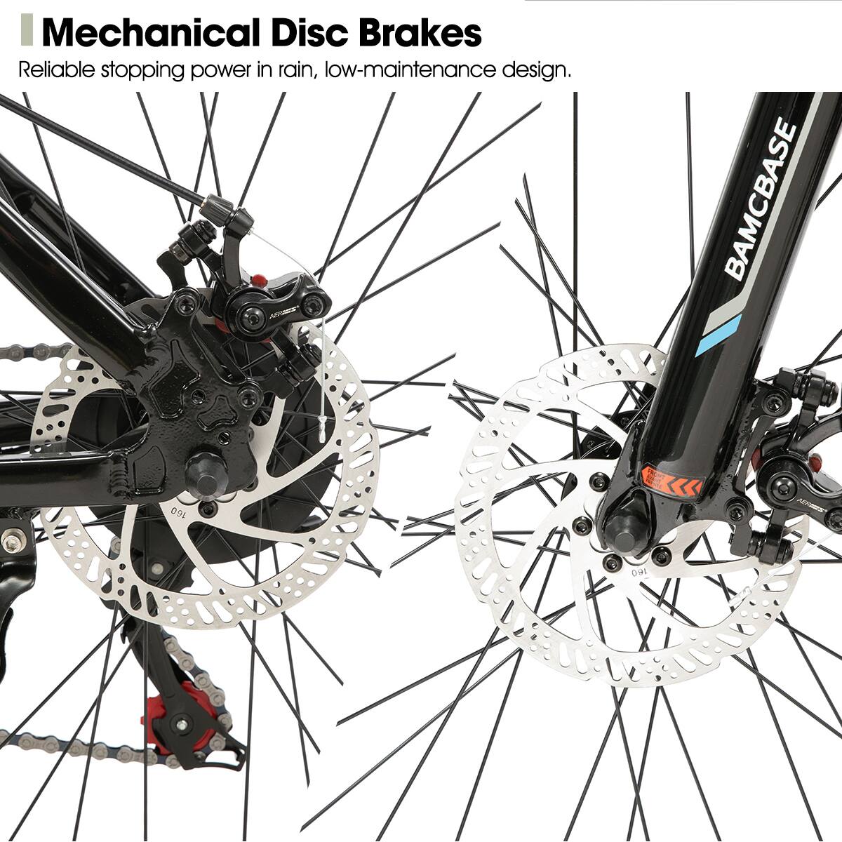 Mechanical Disc Brakes  
Reliable stopping power in rain, low-maintenance design.