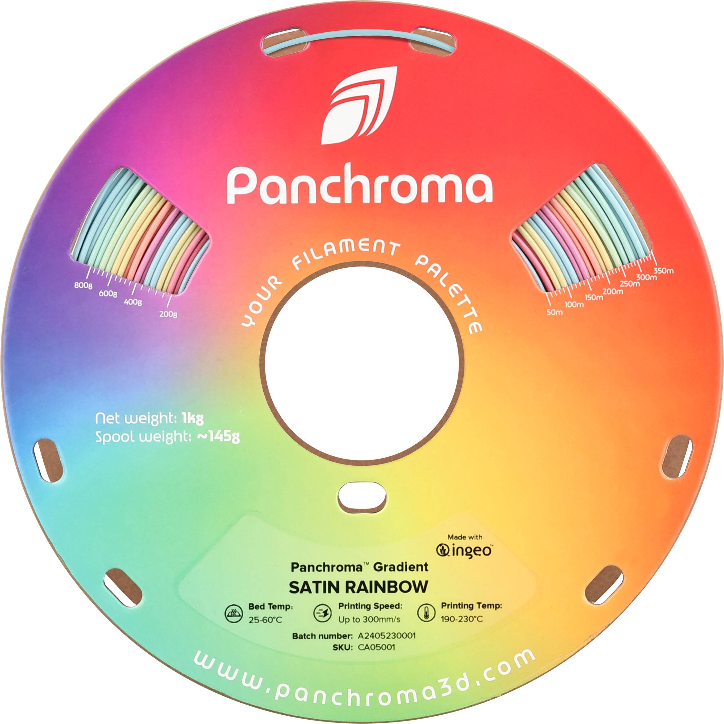 Panchroma FILAMENT 350m 500m 8008 250m 8009 PALETTE 200m 150m 400g 200g YOUR 50m 100m Net weight: 1kg Spool weight: ~145g Made with Qingeo Panchroma Gradient SATIN RAINBOW Bed Temp Printing Speed: Printing Temp: 25-60C Up to 300mm/s 190-230C Batch number: A2405230001 SKU: CA05001 www.panchroma3d.com