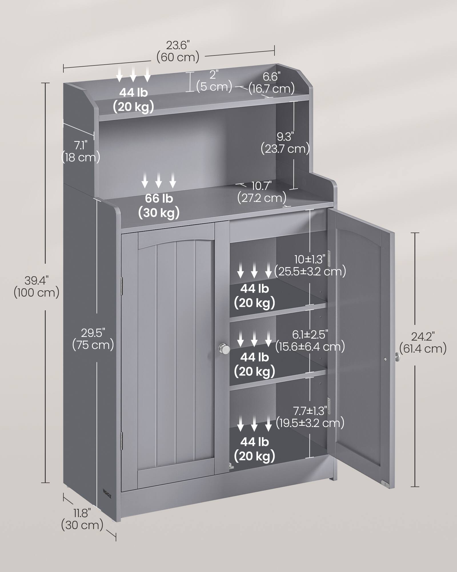 23.6" (60 cm)  
2" (5 cm)  
6.6" (16.7 cm)  
44 lb (20 kg)  
7.1" (18 cm)  
9.3" (23.7 cm)  
66 lb (30 kg)  
10.7" (27.2 cm)  
39.4" (100 cm)  
10.1" (25.5 cm)  
44 lb (20 kg)  
29.5" (75 cm)  
6.1" (15.6 cm)  
44 lb (20 kg)  
24.2" (61.4 cm)  
7.7" (19.5 cm)  
44 lb (20 kg)  
11.8" (30 cm)