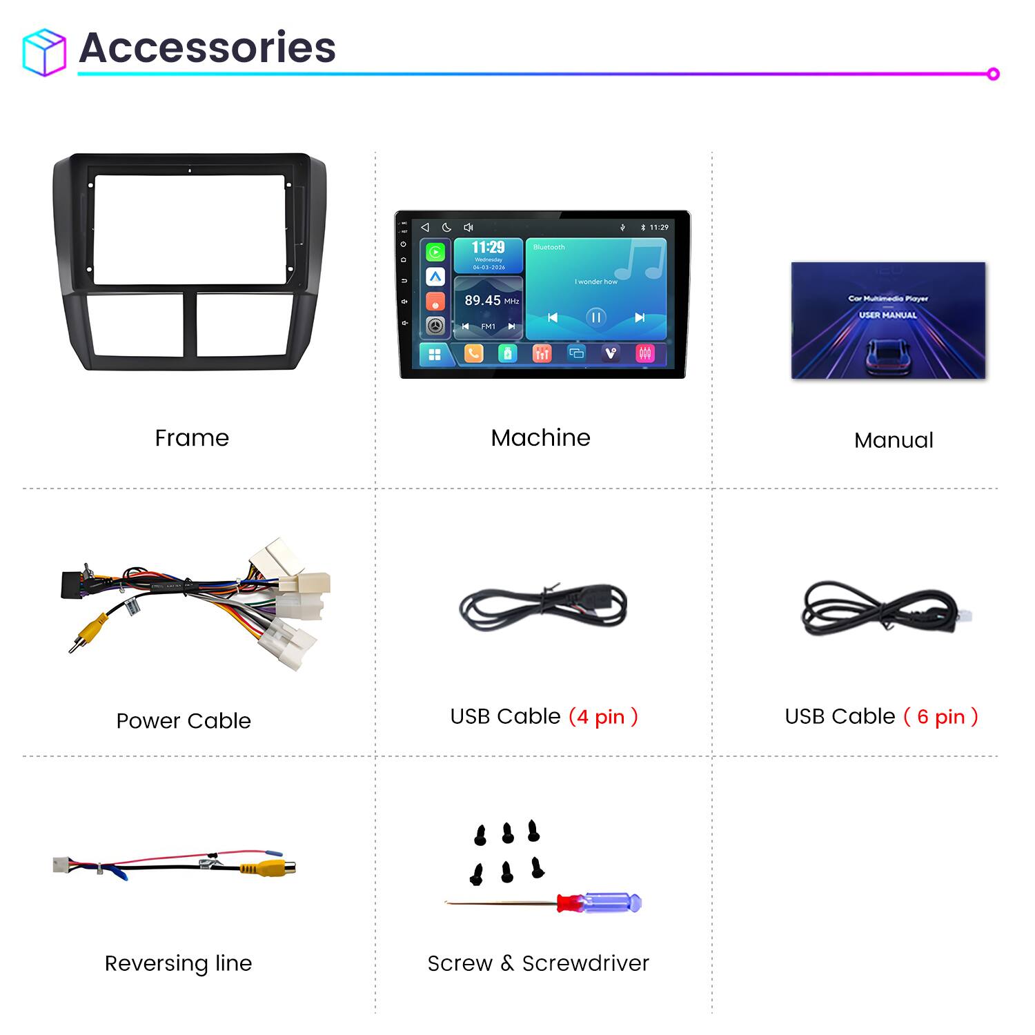 Accessories

Frame

Machine

Manual

Power Cable

USB Cable (4 pin)

USB Cable (6 pin)

Reversing line

Screw & Screwdriver