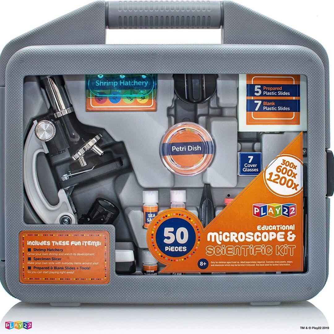 Shrimp Hatchery  
5 Prepared Plastic Slides  
7 Blank Plastic Slides  

Includes These Fun Items:  
- Shrimp Hatchery  
- Specimen Slicer  
- Make your own slide with everyday items around you  
- Prepared Blank Slides + Tools!  
- So you can start playing right away!  

Petri Dish  
7 Cover Glasses  

50 Pieces  
Educational Microscope & Scientific Kit  
300x 600x 1200x  

Play22  
TM & © Play22 2019