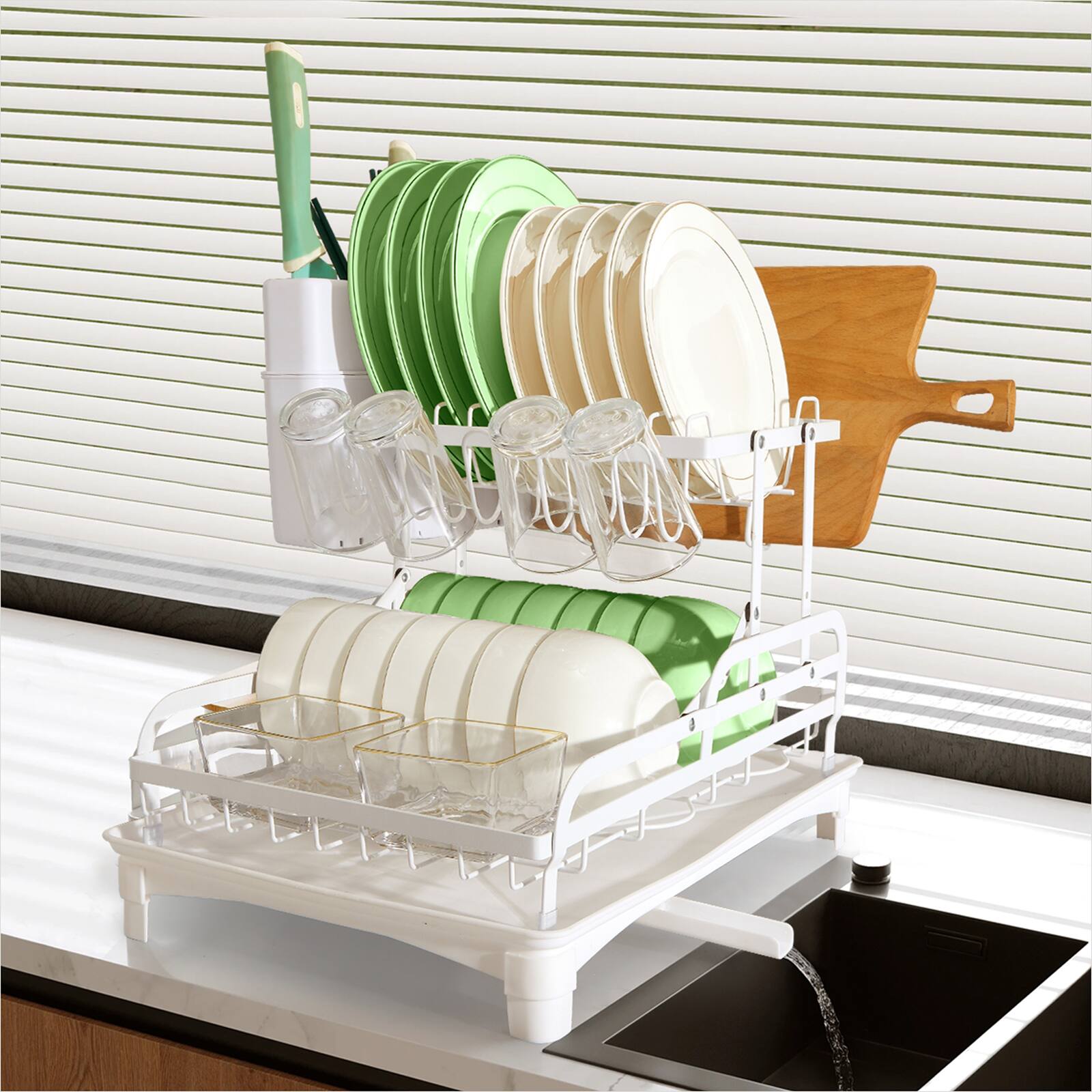 Alt View 5. Sugift - 2-Tier Collapsible Multi-Functional Dish Drying Rack - White.