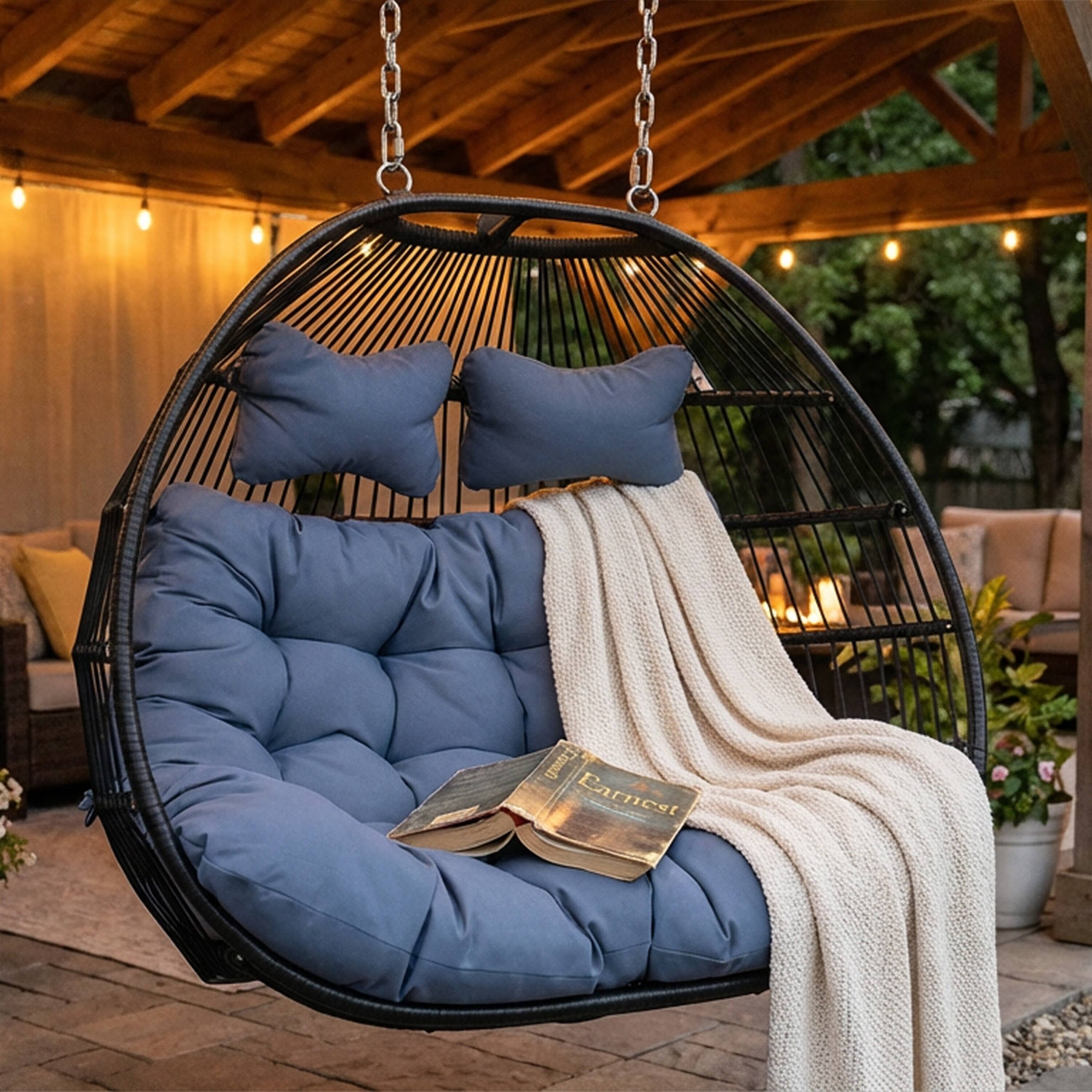 Alt View 3. Sunnydaze - Black Resin Wicker Loveseat Hanging Egg Chair with Cushion - Grey.