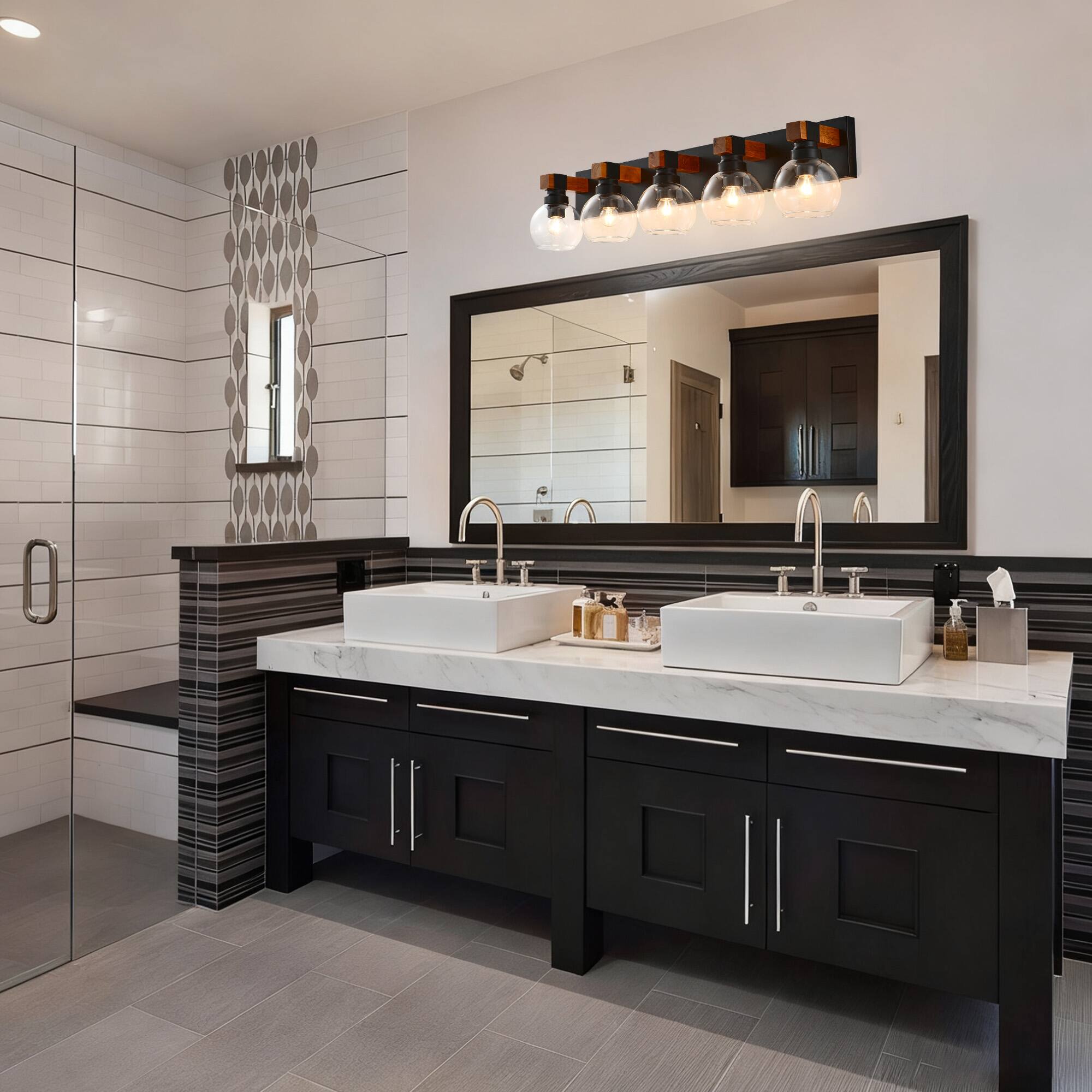 Alt View 1. RYHNUYNE - 5 Light Bathroom Vanity Light Fixtures, Black and Gold Wood Bathroom Light Fixtures Over Mirror, Farmhouse Wall Sconces - Black and Gold.