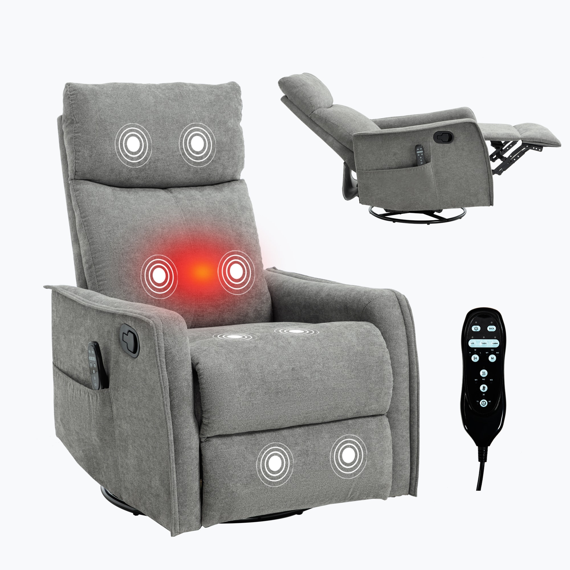 Akoasm - Heat Massage Chair Manual Recliner Chair with Rocker and Swivel in Fabric for Living Room-Light Grey - Light Gray