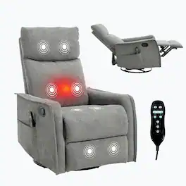 Akoasm - Heat Massage Chair Manual Recliner Chair with Rocker and Swivel in Fabric for Living Room-Light Grey - Light Gray