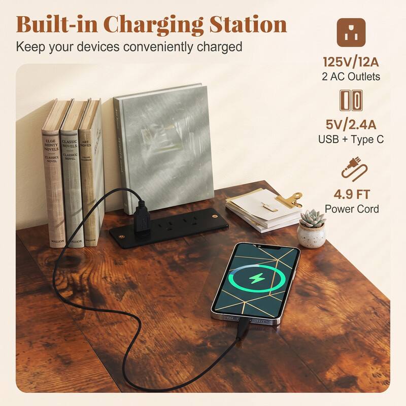 Built-in Charging Station  
Keep your devices conveniently charged  
125V/12A  
2 AC Outlets  
5V/2.4A  
USB + Type C  
4.9 FT Power Cord