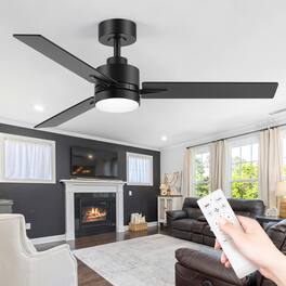 Breezary - 48-Inch Indoor Ceiling Fan with Remote, 3 Plywood Blades, 6-Speed DC Motor, 5'' Downrod, LED/No Light, Single or 2-Pack - Black (With Light)