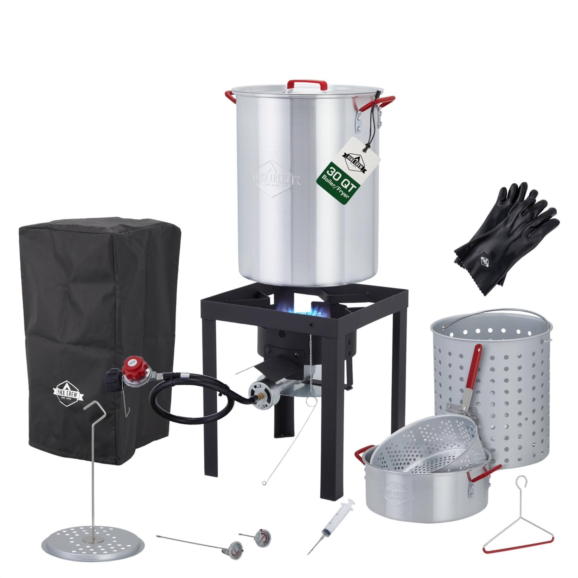 Hike Crew - 14-Piece Outdoor Turkey Fryer Kit W/30Qt Boiler Pot, 10Qt Turkey Fryer Pot, Stand & More - Stainless Stee;