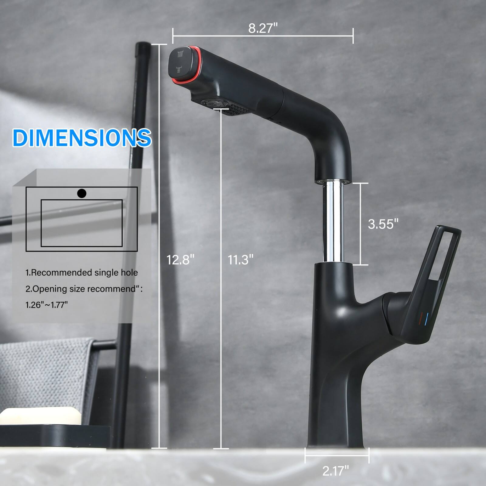 DIMENSIONS

1. Recommended single hole
2. Opening size recommend": 1.26"~1.77"

- 8.27"
- 12.8"
- 11.3"
- 3.55"
- 2.17"