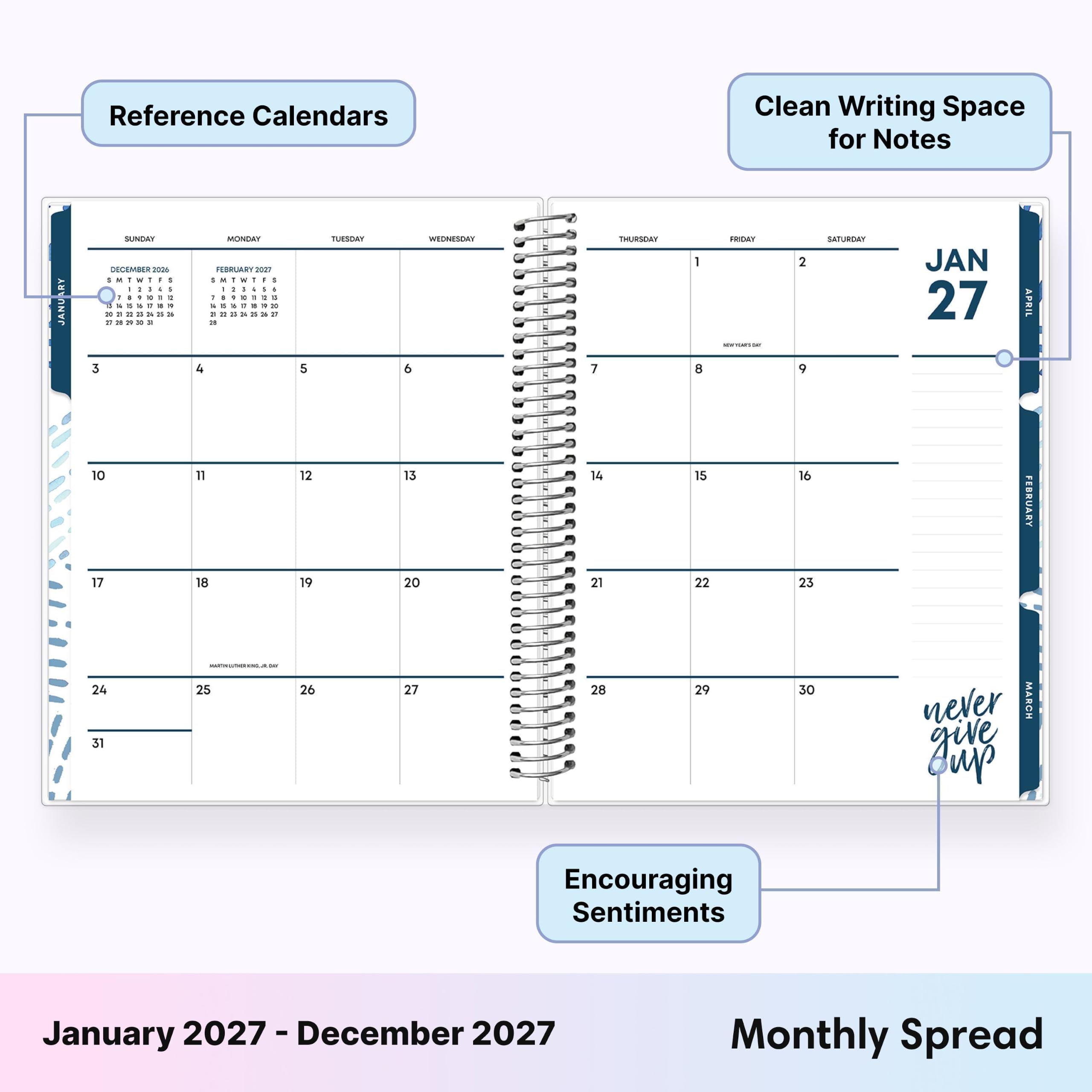 Reference Calendars  
Clean Writing Space for Notes  
Encouraging Sentiments  
January 2027 - December 2027  
Monthly Spread