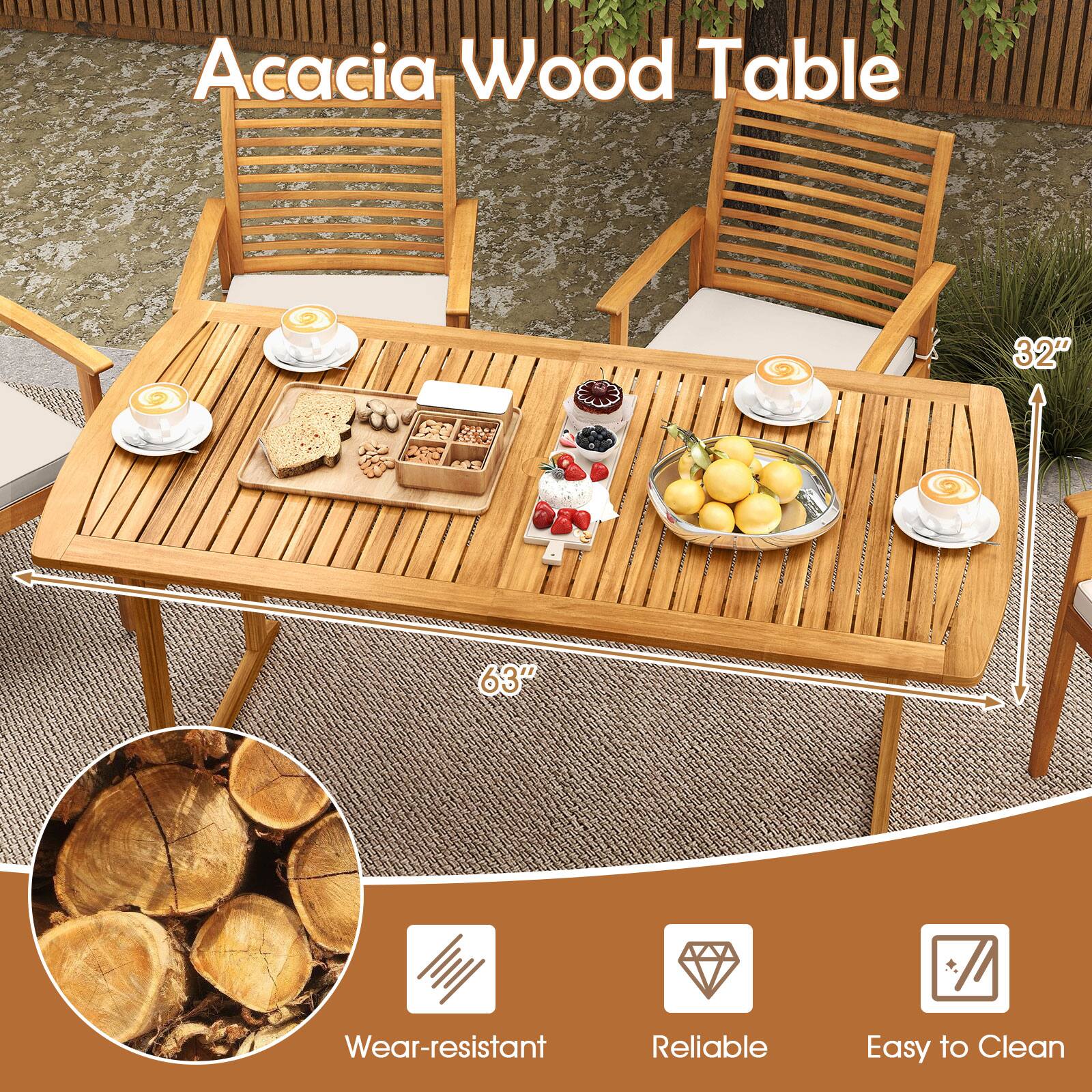 Acacia Wood Table  
32" x 63"  
Wear-resistant  
Reliable  
Easy to Clean