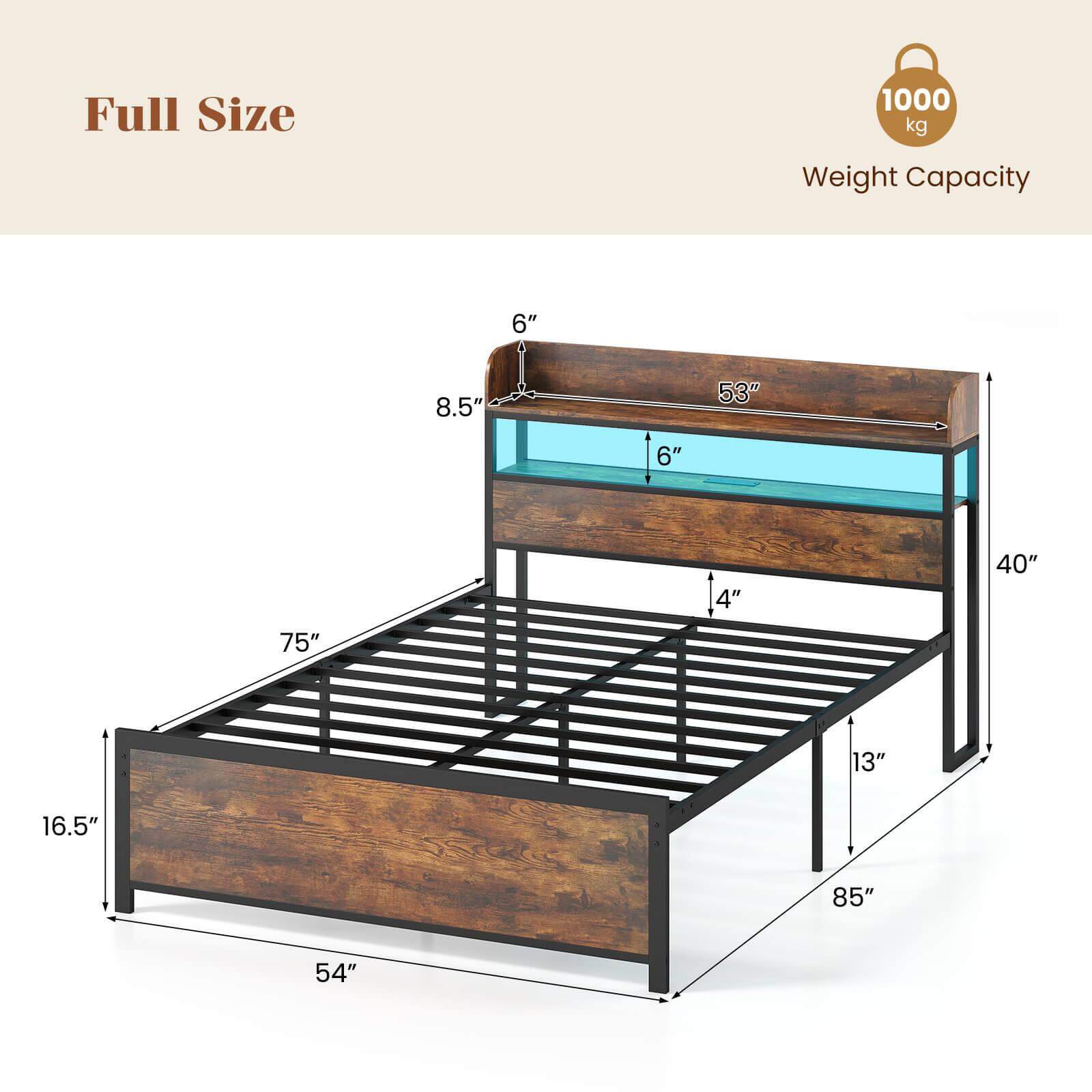 Full Size  
1000 kg Weight Capacity  

Dimensions:  
- Length: 85"  
- Width: 54"  
- Height: 16.5"  
- Headboard Height: 8.5"  
- Headboard Depth: 6"  
- Bed Frame Height: 13"  
- Bed Frame Width: 75"  
- Bed Frame Depth: 40"  
- Shelf Height: 6"  
- Shelf Depth: 53"