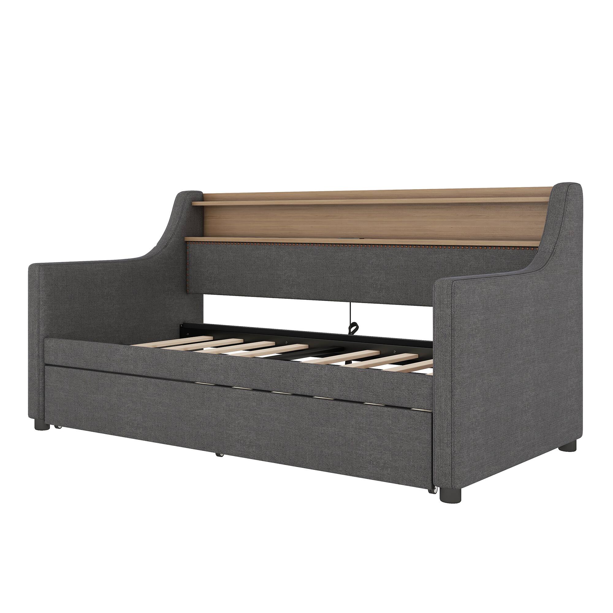 Alt View 7. Tiramisubest - Twin Size Daybed with Trundle Bed, Upholstered Daybed with Charging Station and LED Lights, Gray - Gray.