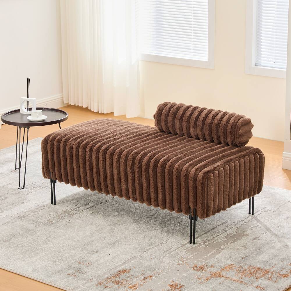 Back. Ropilly - Ropilly Brown Upholstered Mini Loveseat Adjustable Back Bedroom Bench Small Sofa Metal Leg Window Ottoman Footrest - Brown.