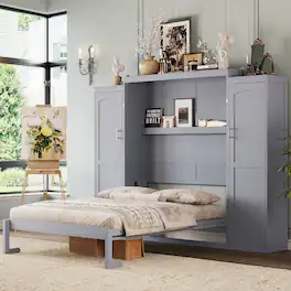 Tiramisubest - Full Size Murphy Bed with 2 Wardrobe and Storage Shelf, Multifunctional Foldable Platform Bedframe, Gray - Gray
