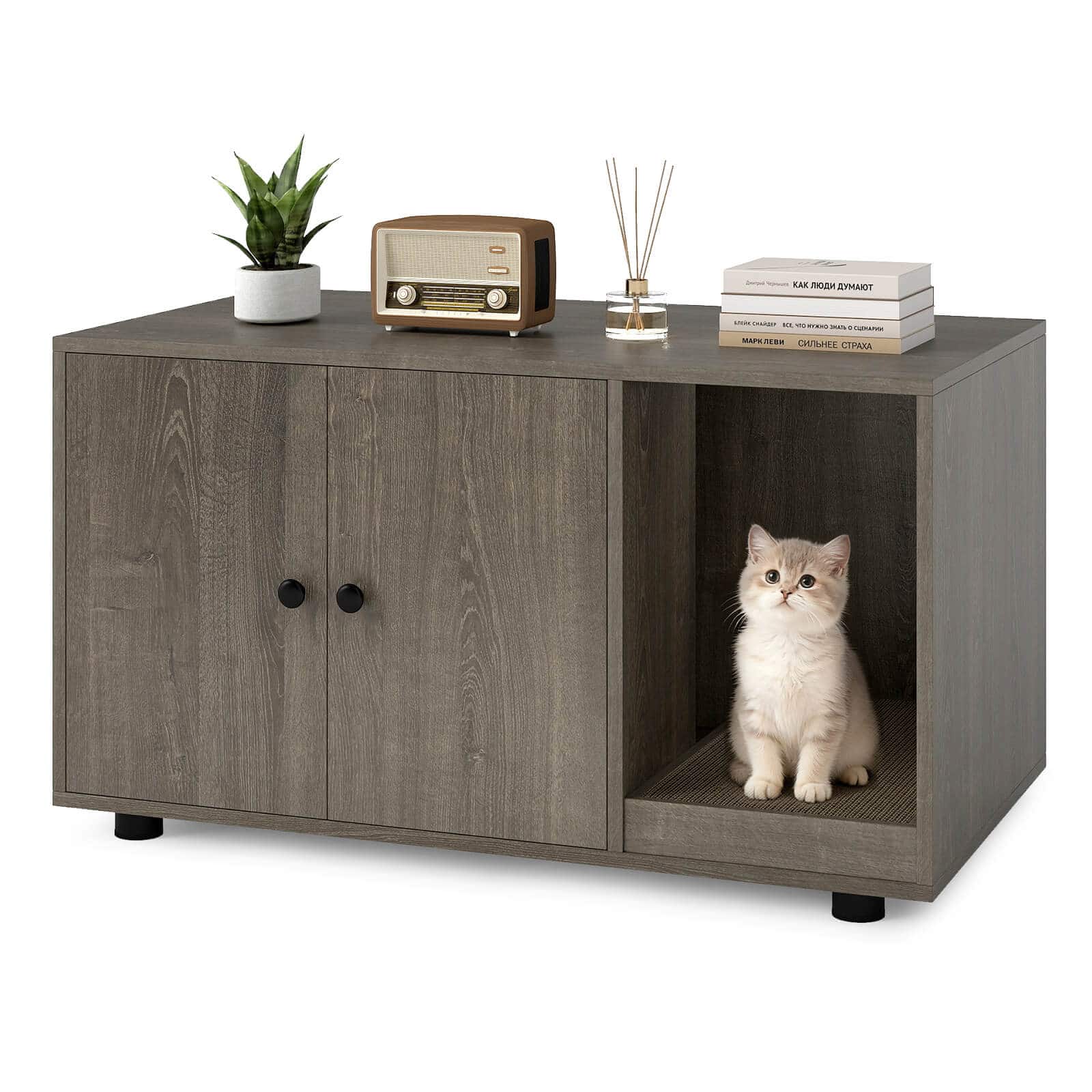 Costway - Wooden Cat Litter Box Enclosure, Hidden Litter Box Furniture with Scratching Board - Oak price history on PriceWatchPro