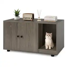 Costway - Wooden Cat Litter Box Enclosure, Hidden Litter Box Furniture with Scratching Board - Oak