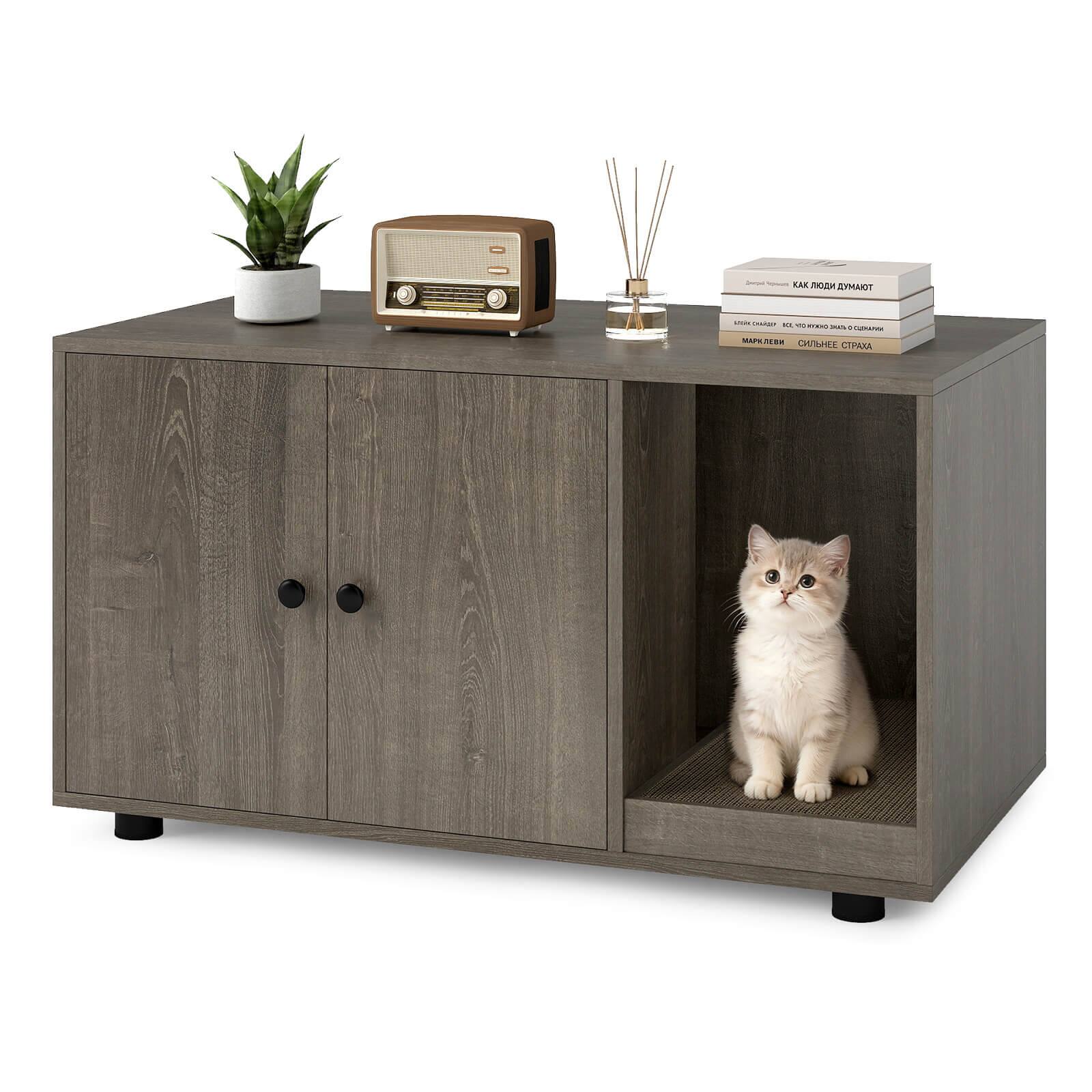 Costway - Wooden Cat Litter Box Enclosure, Hidden Litter Box Furniture with Scratching Board - Oak