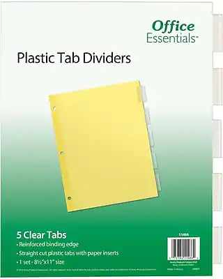 Office Essentials
Plastic Tab Dividers
5 Clear Tabs
- Reinforced binding edge
- Straight cut plastic tabs with paper inserts
- 1 set - 8½"x11" size
15666