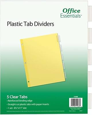 Office Essentials  
Plastic Tab Dividers  

5 Clear Tabs  
- Reinforced binding edge  
- Straight cut plastic tabs with paper inserts  
- 1 set - 8½"x11" size  

15666