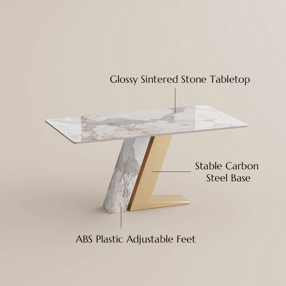Glossy Sintered Stone Tabletop  
Stable Carbon Steel Base  
ABS Plastic Adjustable Feet
