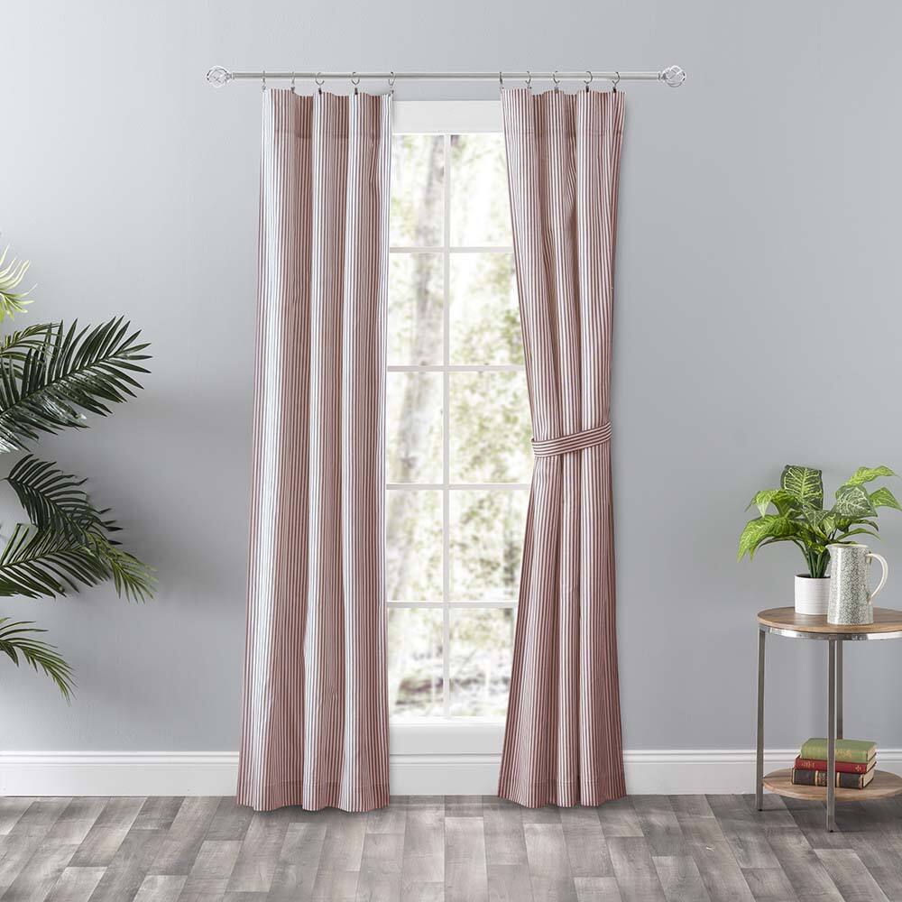 Left. Ellis Curtain - Ellis Curtain Plaza Classic Ticking Stripe Printed on Natural Ground Tailored Panel Pair with Tiebacks 56" x 84" Brick - Brick.