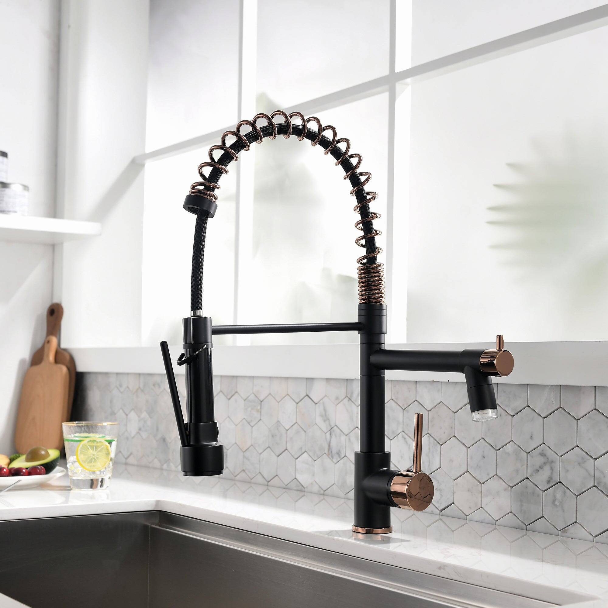 Back. Boyel Living - Matte Black Rose Gold Single Handle Pull Down Sprayer Kitchen Faucet with LED Light and Pot Filler - Matte Black Mix Rose Gold.