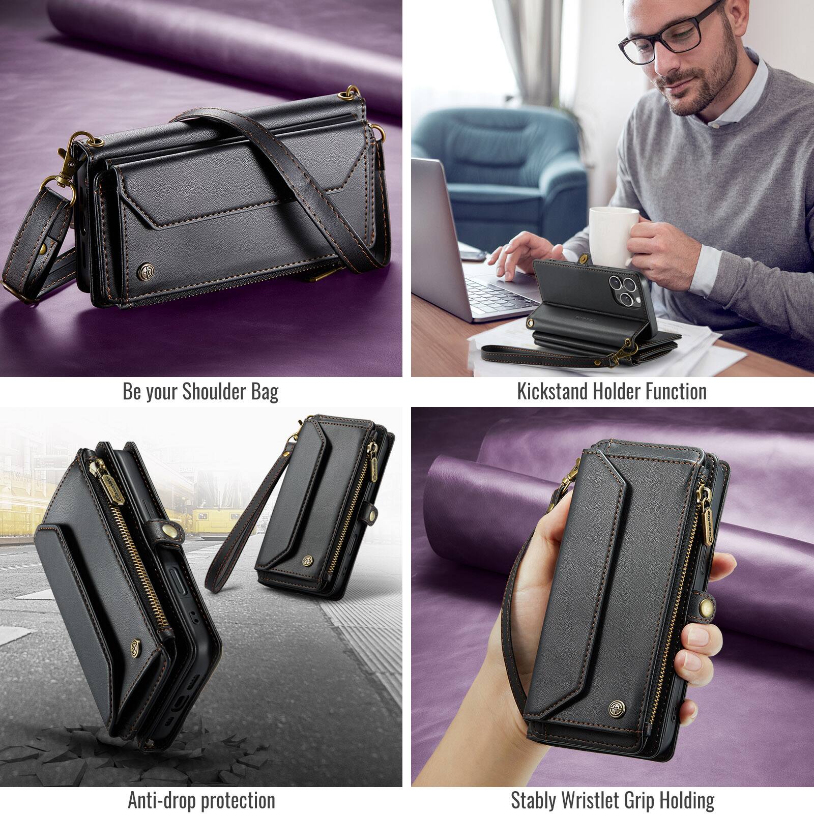 Be your Shoulder Bag  
Kickstand Holder Function  
Anti-drop protection  
Stably Wristlet Grip Holding