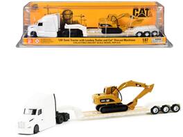 Peterbilt 579 Tractor White with Lowboy Trailer and CAT 315C Excavator Yellow 1/87 (HO) Diecast Model by Diecast Masters - White And Yellow
