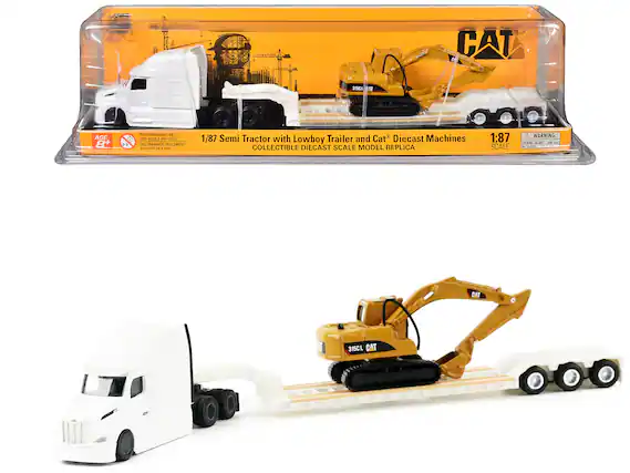 CAT DISCL E AGE 8+ Da RECOMMENDED CNEr FOR ORASEA AD OvET ECOMMANDE SEULIMENT A APE DE LANC 1/87 Semi Tractor with Lowboy Trailer and Cat Diecast Machines COLLECTIBLE DIECAST SCALE MODEL REPLICA 1:87 - SCALE A WARNING: KEN D0 - o 3 - CAT B 315CL CAT
1/87 Semi Tractor with Lowboy Trailer and Cat® Diecast Machines COLLECTIBLE DIECAST SCALE MODEL REPLICA
AGE 8+
RECOMMENDED ONLY
RECOMMENDED SEULEMENT
À PARTIR DE 8 ANS
WARNING: CHOKING HAZARD - Small parts. Not for children under 3 years.