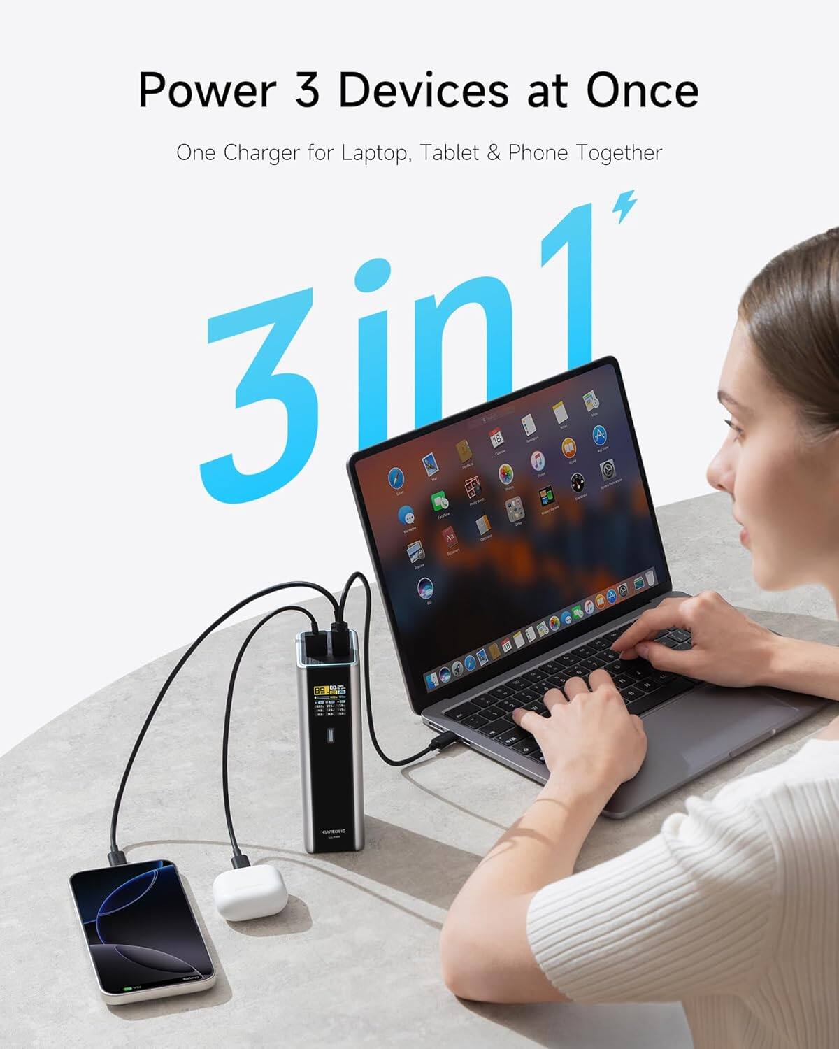 Power 3 Devices at Once  
One Charger for Laptop, Tablet & Phone Together  
3 in 1