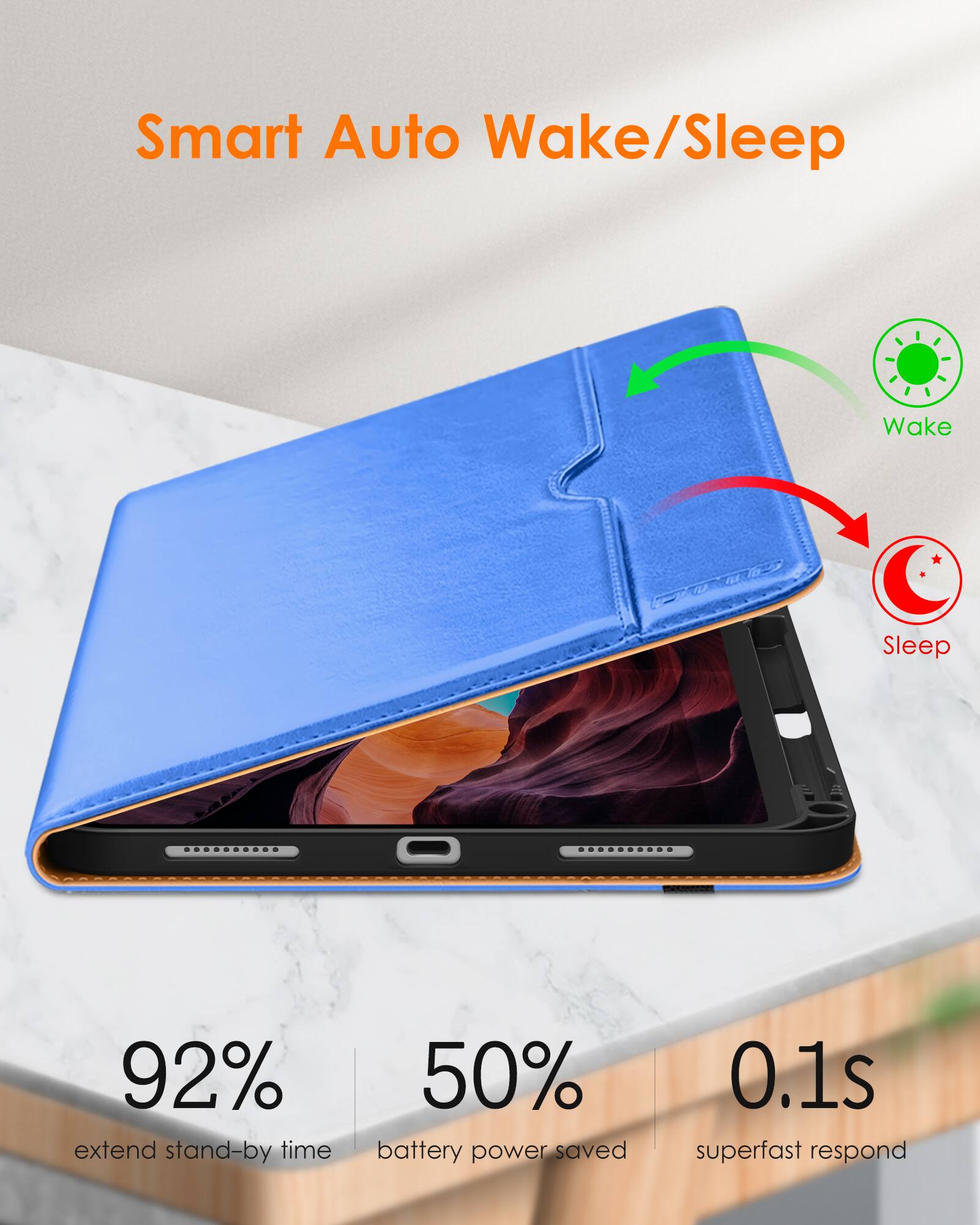 Smart Auto Wake/Sleep

- 92% extend stand-by time
- 50% battery power saved
- 0.1s superfast respond

Wake
Sleep