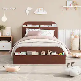 GARVEE - Twin Size Bed Frame, Wooden Storage Headboard, Low Platform, No Box Spring Needed, Sturdy Slats, Finish - Walnut