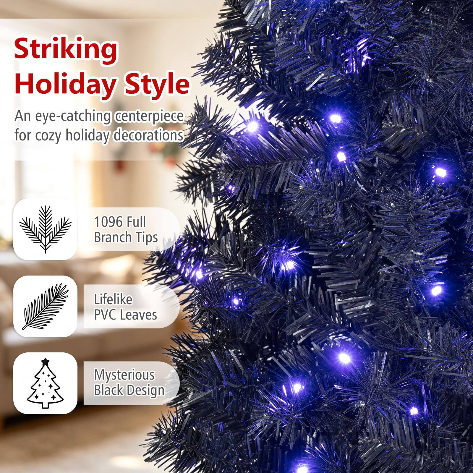 Striking Holiday Style  
An eye-catching centerpiece for cozy holiday decorations

1096 Full Branch Tips  
Lifelike PVC Leaves  
Mysterious Black Design
