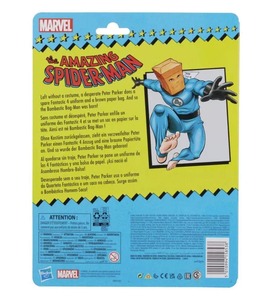 **MARVEL**

**The Amazing Spider-Man**

Left without a costume, a desperate Peter Parker dons a spare Fantastic 4 uniform and a brown paper bag. And so the Bombastic Bag-Man was born!

Sans costume et désespéré, Peter Parker enfle un uniforme des Fantastic 4 et se met un sac en papier sur la tête. Ainsi est né le Bombastic Bag-Man !

Ohne Kostüm zurückgelassen, zieht ein verzweifelter Peter Parker einen Fantastic 4 Anzug und eine braune Papiertüte auf. Und so wurde der Bombastic Bag-Man geboren!

Al quedarse sin traje, Peter Parker se pone un uniforme de los 4 Fantásticos y una bolsa de papel. Así nació el Asombroso Hombre-Bolsa!

Desesperado sem seu traje, Peter Parker usa um uniforme de papel e um saco na cabeça. Surge assim o Bombástico Homem-Saco!

**ATTENTION: DANGER D'ÉTOUFFEMENT - Petites pièces, le convient pas aux enfants de moins de 3 ans**

**WARNING: CHOKING HAZARD - Small parts. Not for children under 