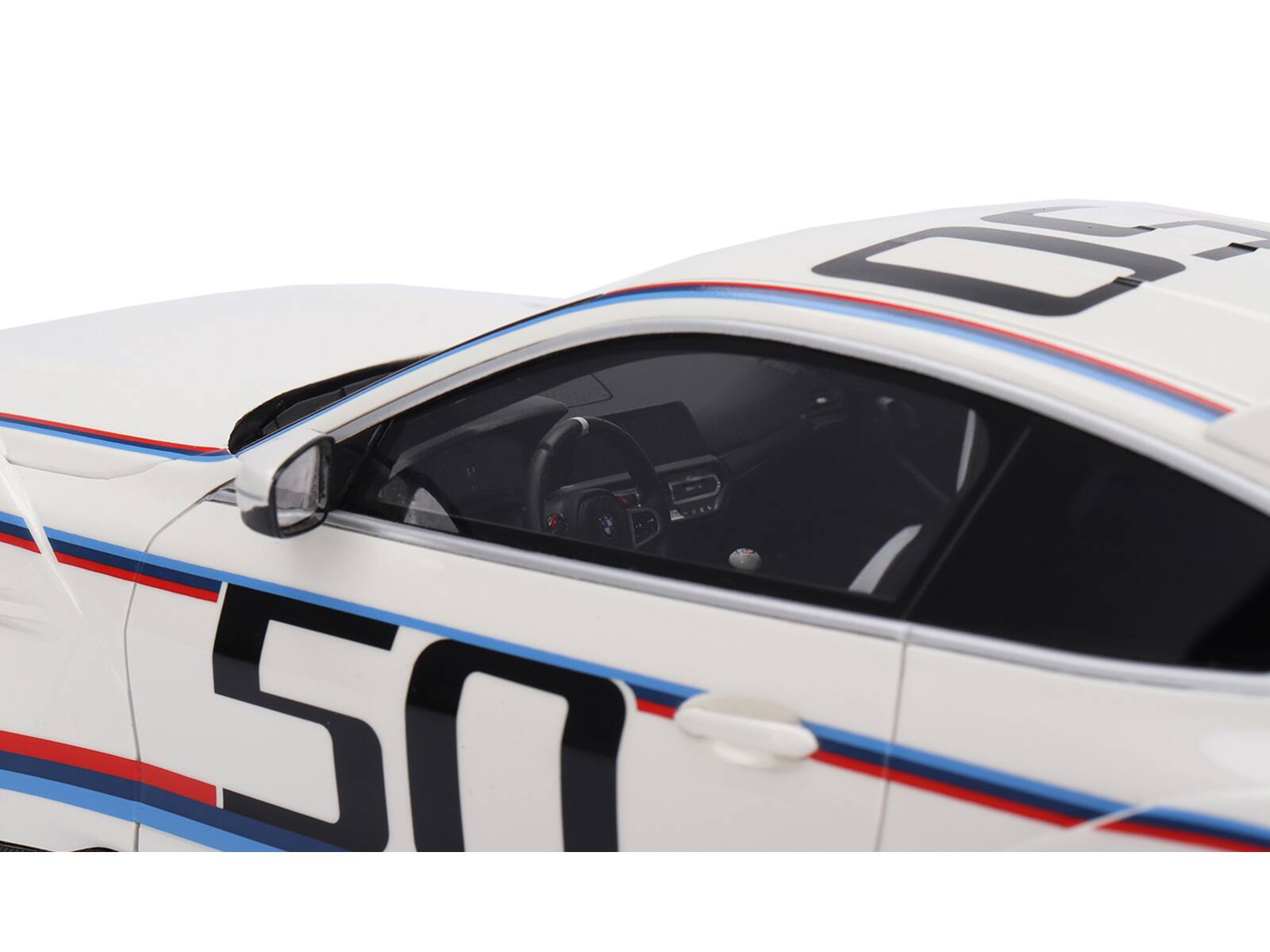 Angle. Top Speed - BMW M4 3.0 CSL #50 White with Blue and Red Stripes 1/18 Model Car by Top Speed - White with Blue and Red.