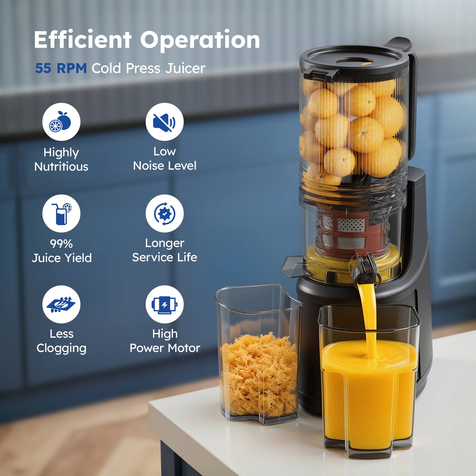 Efficient Operation  
55 RPM Cold Press Juicer  

- Highly Nutritious  
- Low Noise Level  
- 99% Juice Yield  
- Longer Service Life  
- Less Clogging  
- High Power Motor