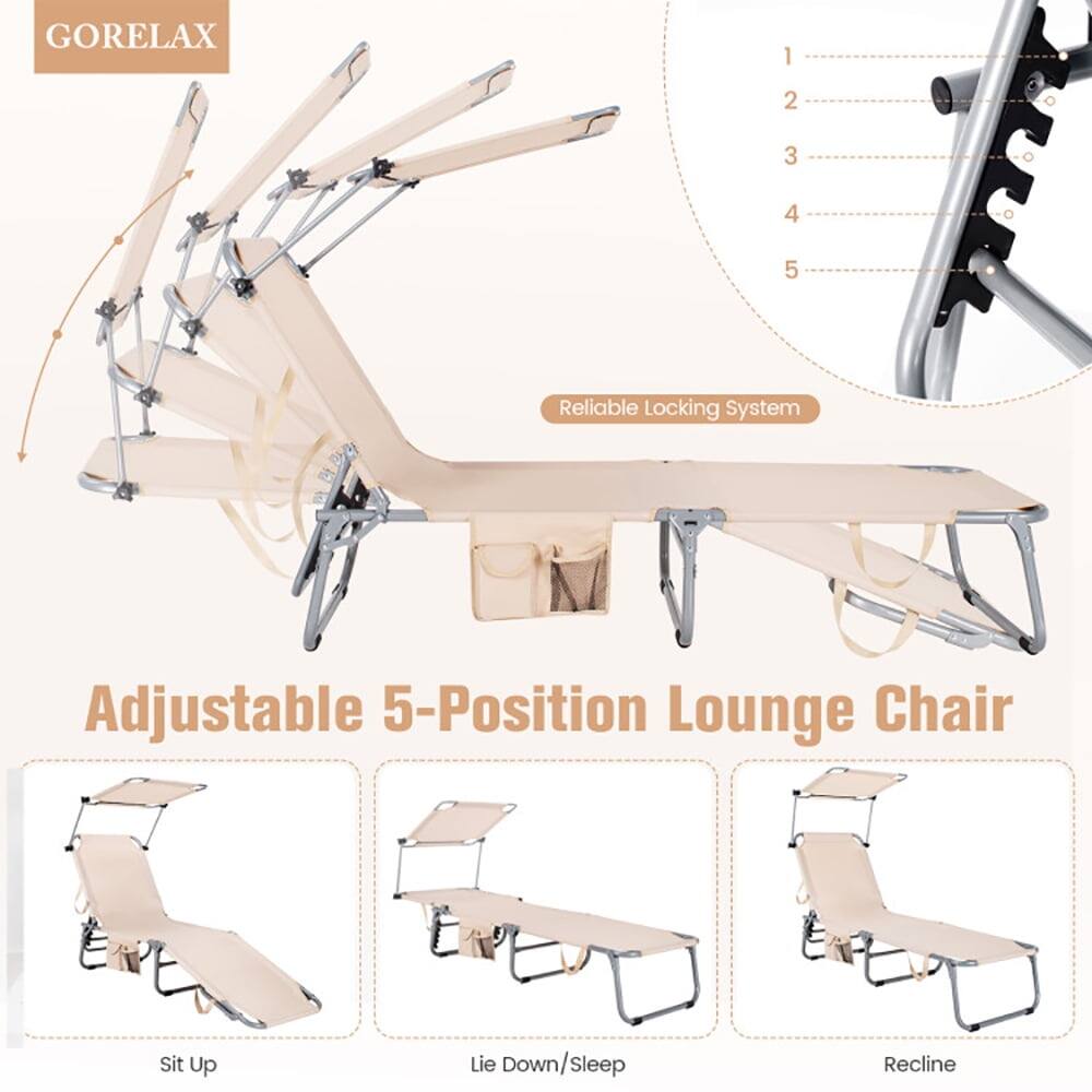 GORELAX

Reliable Locking System

Adjustable 5-Position Lounge Chair

1. Sit Up
2. Lie Down/Sleep
3. Recline