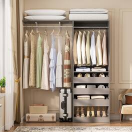 Aheaplus - 60'' Wide Closet System with 3 Drawers, 2 Hanging Rods, and Side Shelf, Hanging Closet for Closet, Bedroom - Gray