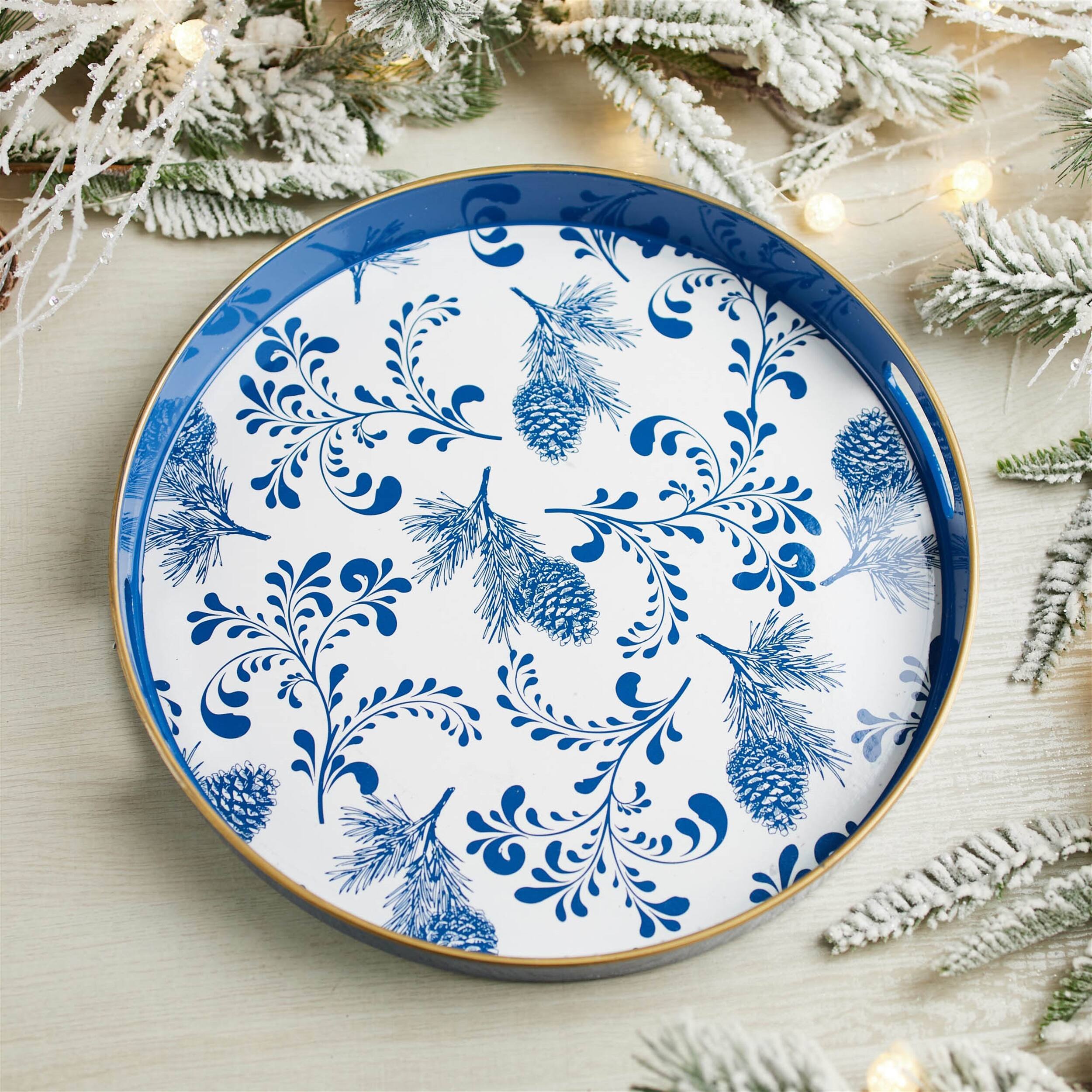 Angle. BreeBe - Round Pine Print Tray 13.5"H - Blue, White.