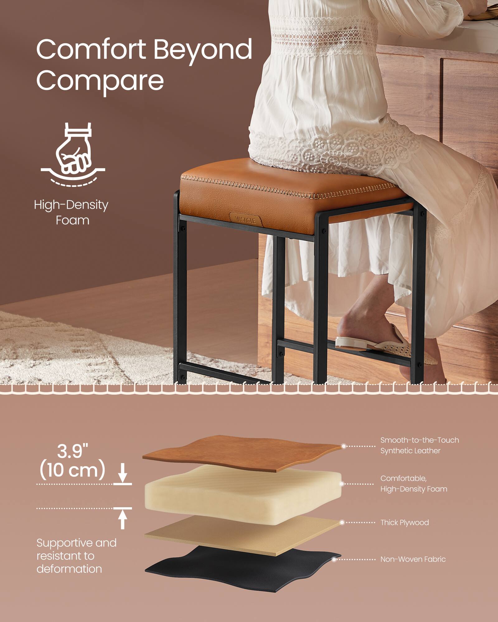 Comfort Beyond Compare

High-Density Foam

3.9" (10 cm)

Smooth-to-the-Touch Synthetic Leather
Comfortable, High-Density Foam
Thick Plywood
Supportive and resistant to deformation
Non-Woven Fabric