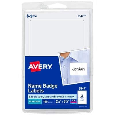 AVERY  
5147  

Name Badge Labels  
Labels stick, stay and remove cleanly  

REMOVABLE  
100 BADGES  
2 1/2" x 3 3/8"  

2 SHEETS  
5147  

Jordan