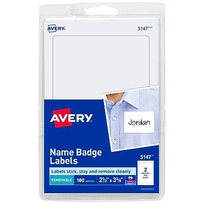 Avery - Adhesive Laser/Inkjet Name Badge Labels, 2 1/3" x 3 3/8", 100 Labels Per Pack (5147) - White